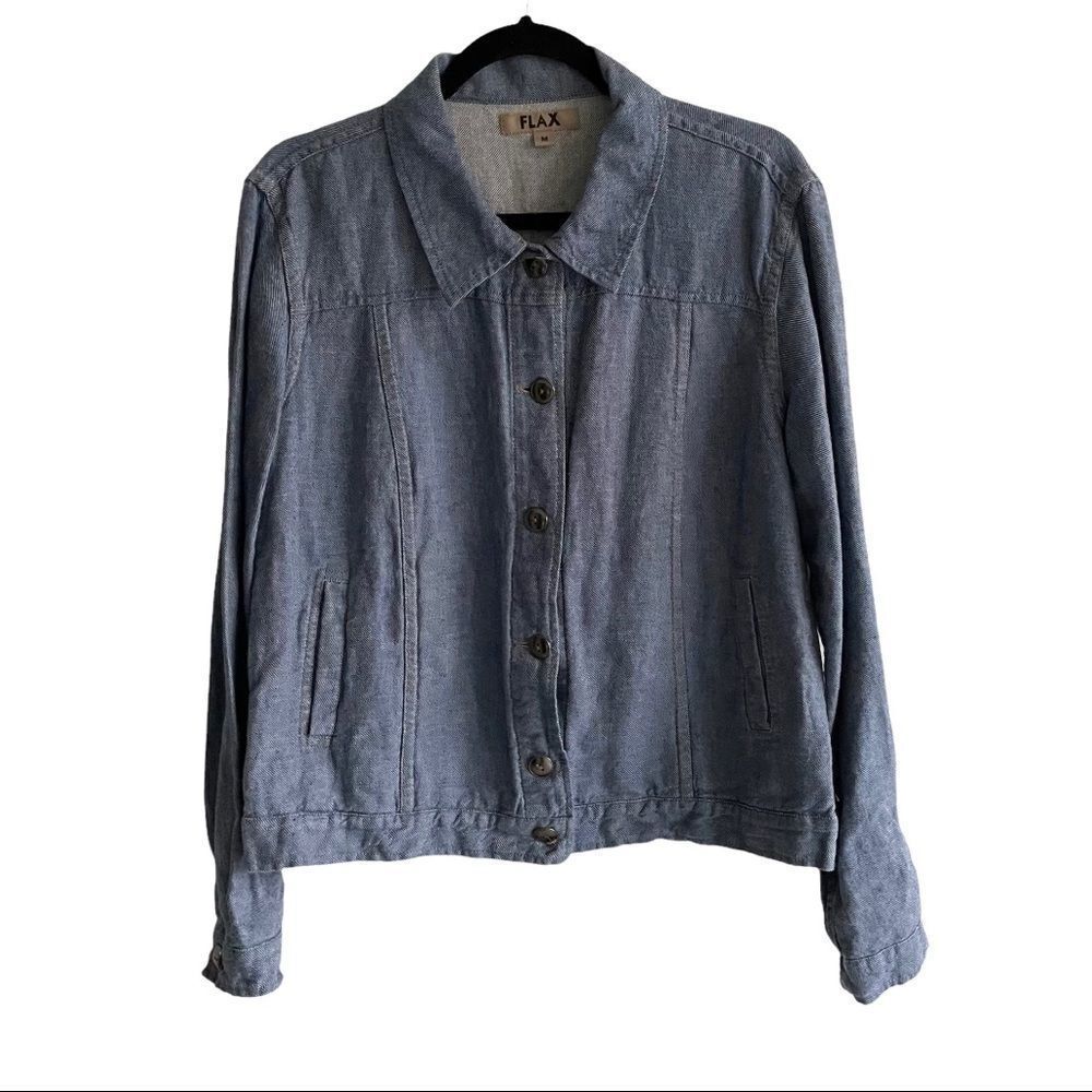 FLAX Blue Linen Cotton Button Front Jacket Blazer Medium